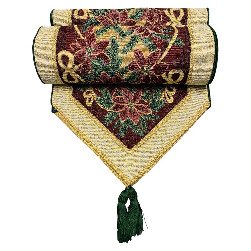 Christmas Tapestry Table Runner Maroon Green Metallic 72" NEW